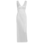 Women's White Satin V-Neck Ruched Midi Dress
