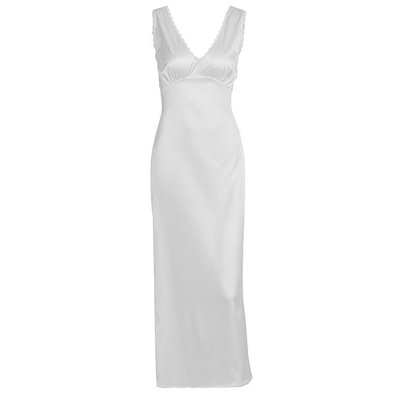Women's White Satin V-Neck Ruched Midi Dress