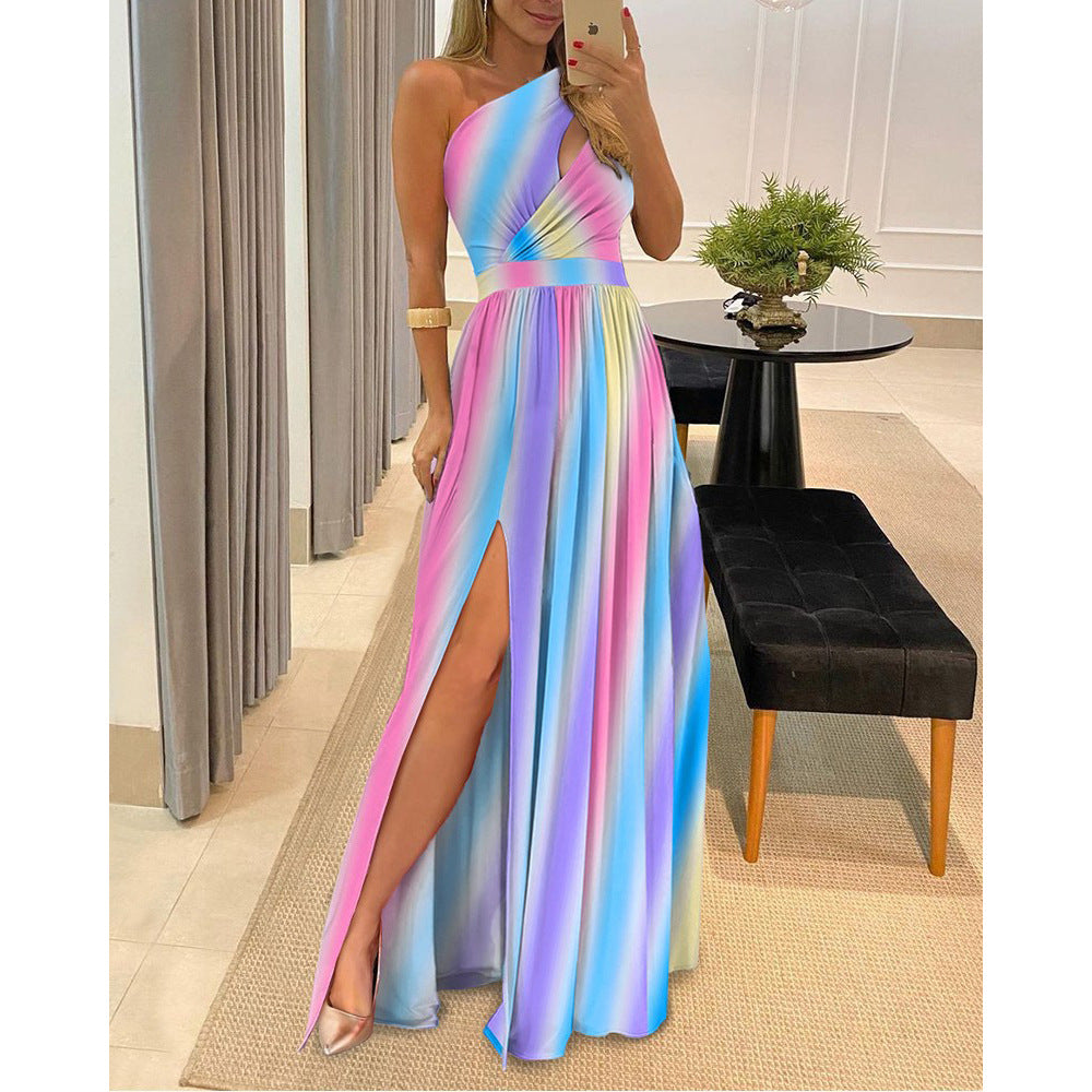 Slant Shoulder Dress Elegance Sleeveless High-Waist Split