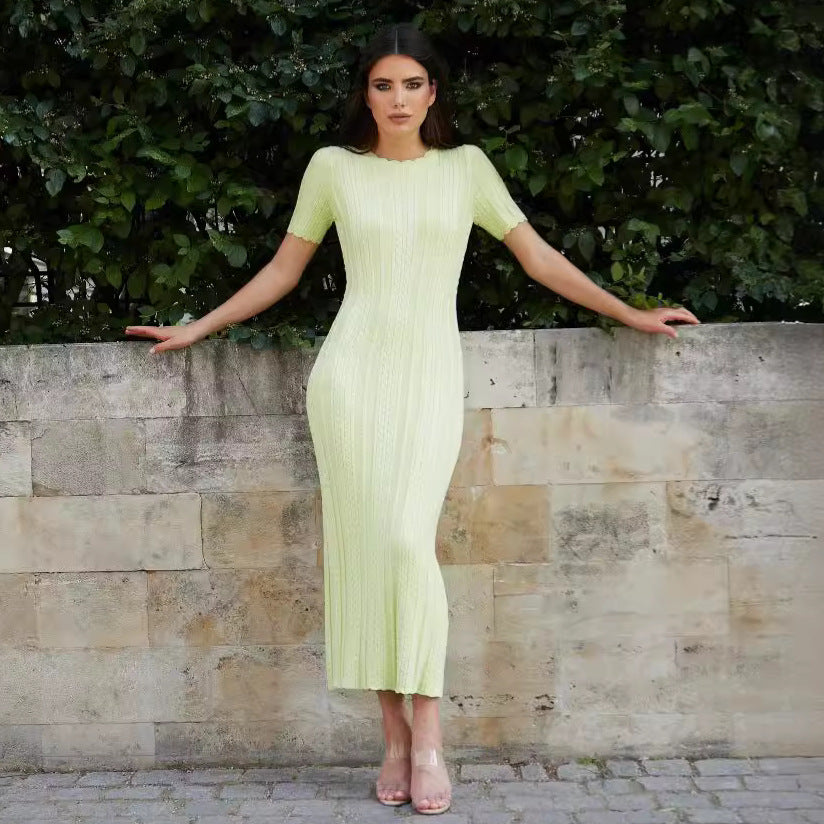 Crew-Neck Short-Sleeve Knit Bodycon Maxi Dress