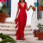 Women's Spring Solid Color Red Tassels Slim Fit Dress