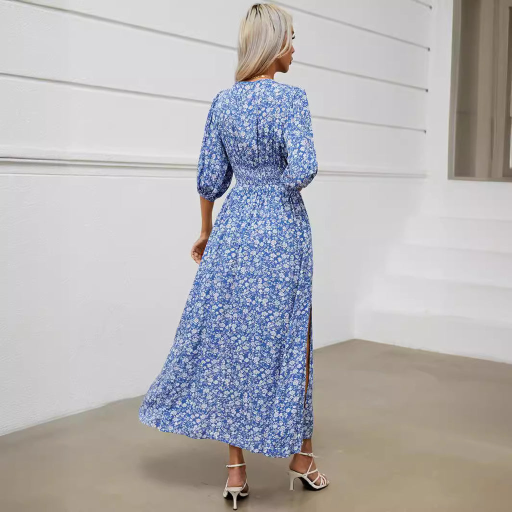 Floral V-Neck Lantern-Sleeve Split A-Line Maxi Dress