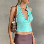 Women Clothing Summer V neck Halter Backless Pleated Wave