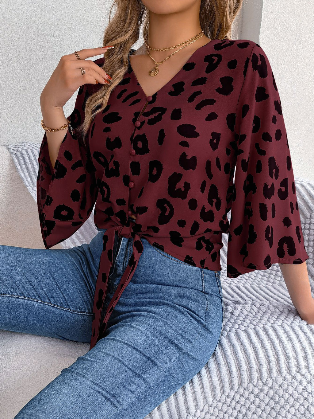 Women's Leopard Print Self Tie Chiffon Shirt