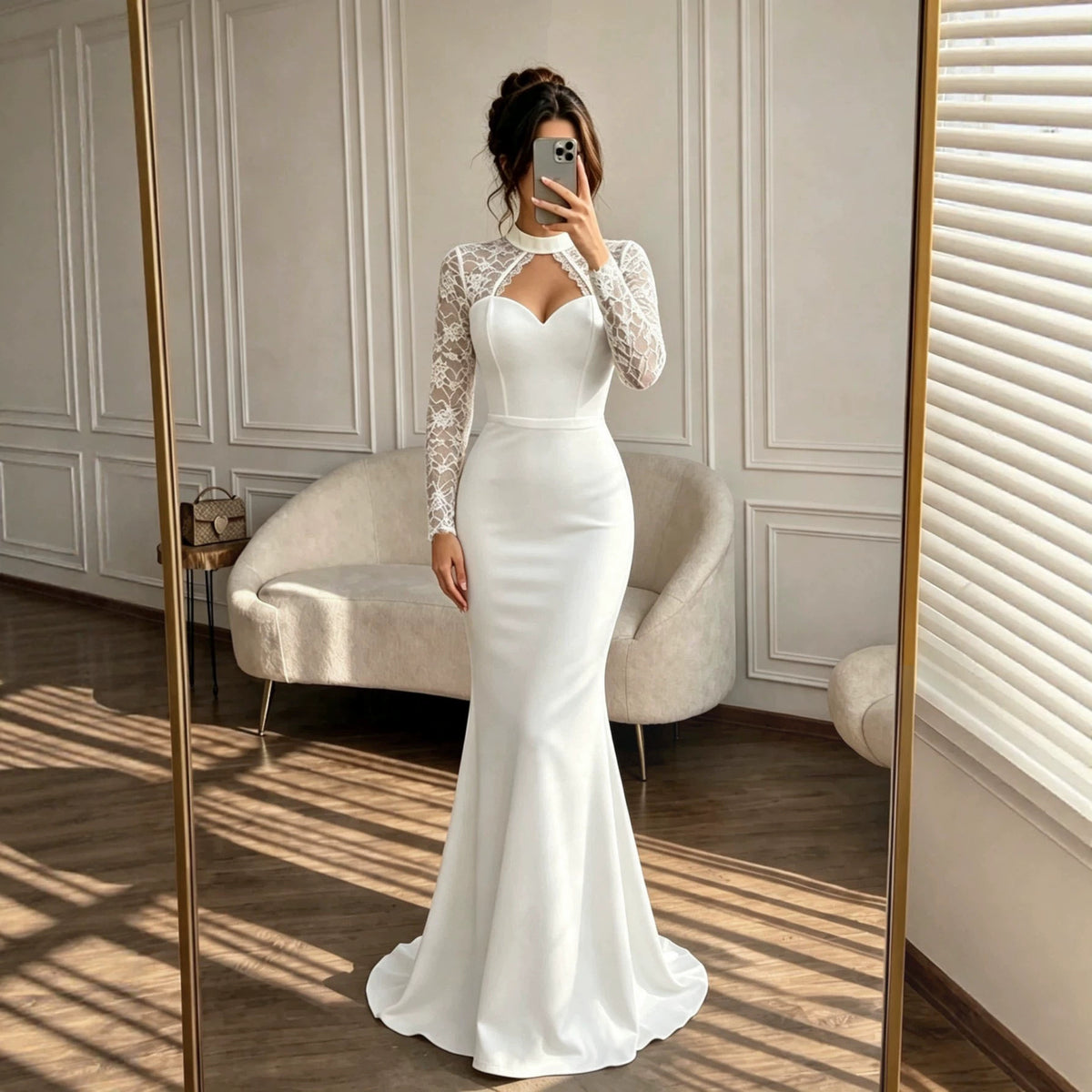 Women's Clothing Long Sleeve Lace Slim Fishtail Wedding Dress White Maxi Dress