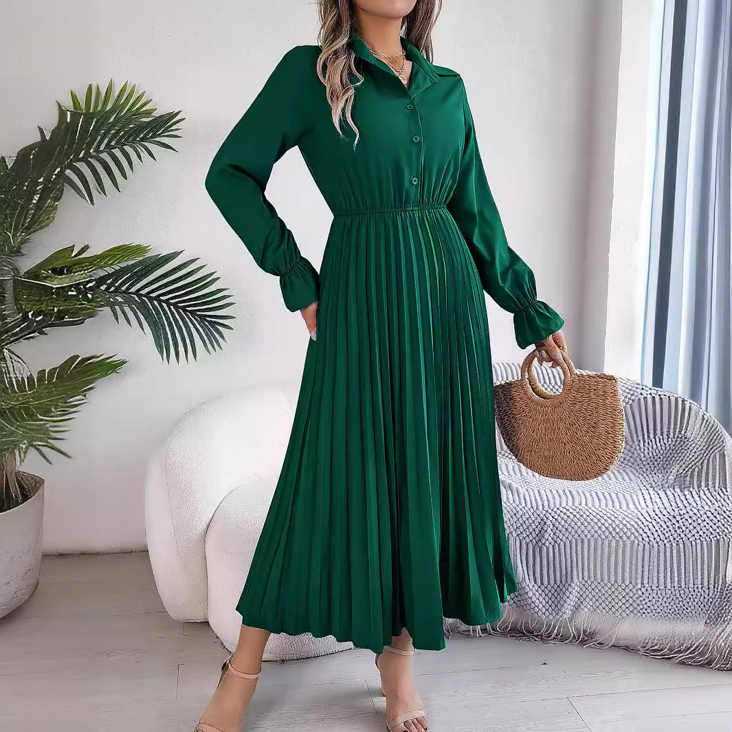Autumn Winter Casual Collared Button Long Sleeve Cinched Pleated Maxi Dress