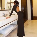 Solid Color Long Sleeve Fishtail Dress Button Backless