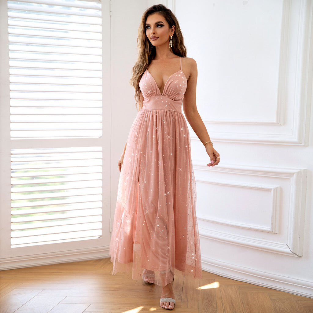 Women's Sequin Mesh Cami Slit Evening Maxi Dress