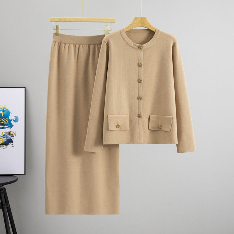 Autumn Winter Skirt Knitting Women Solid Color round Neck