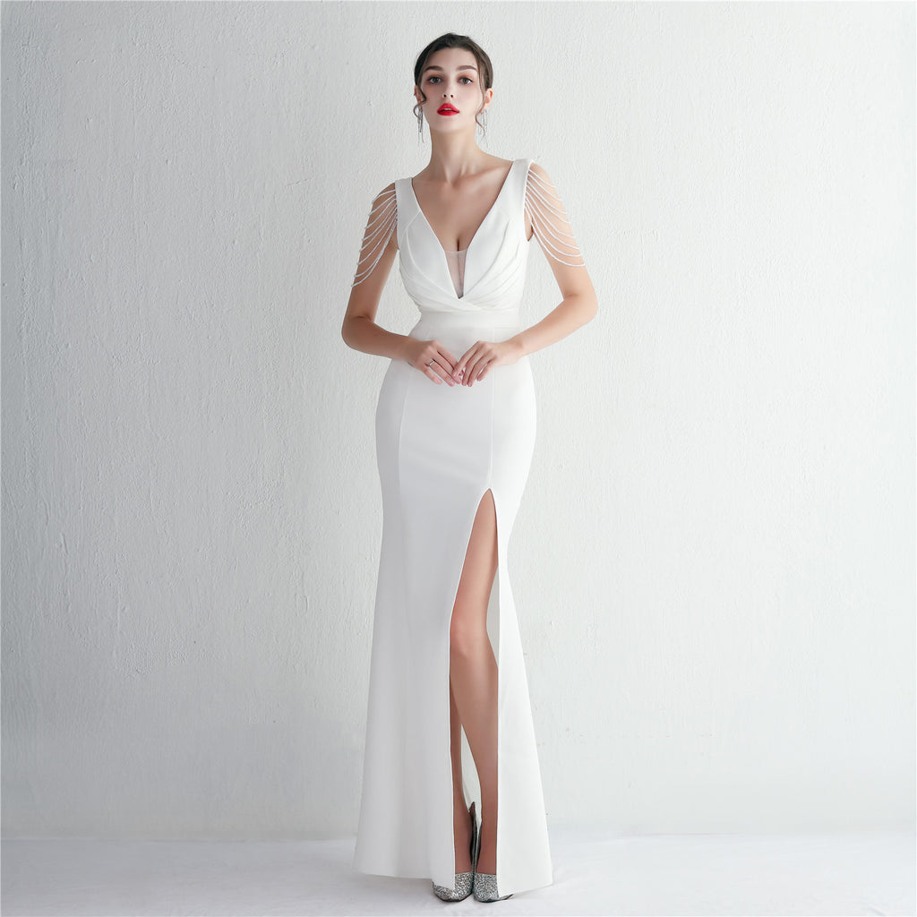 Women's Satin Beaded Long Banquet Slim Fit Evening Dress Elegant Long