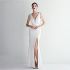 Women's Satin Beaded Long Banquet Slim Fit Evening Dress Elegant Long