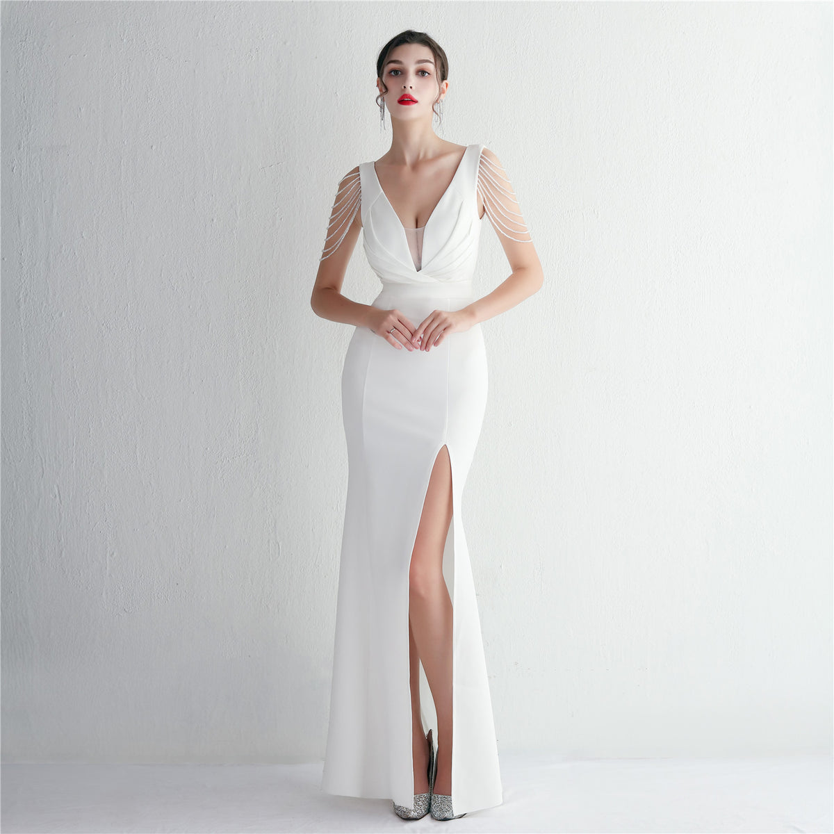 Women's Satin Beaded Long Banquet Slim Fit Evening Dress Elegant Long