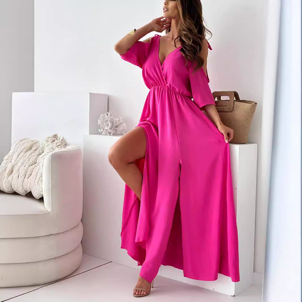 Women's Cutout V-Neck Half Sleeve A-Line Maxi Dress
