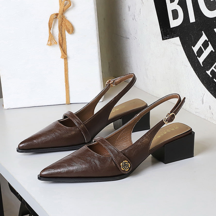 Women's Retro Brown Camellia Pumps Word With Chunky Heel Low Heel Back Empty Back
