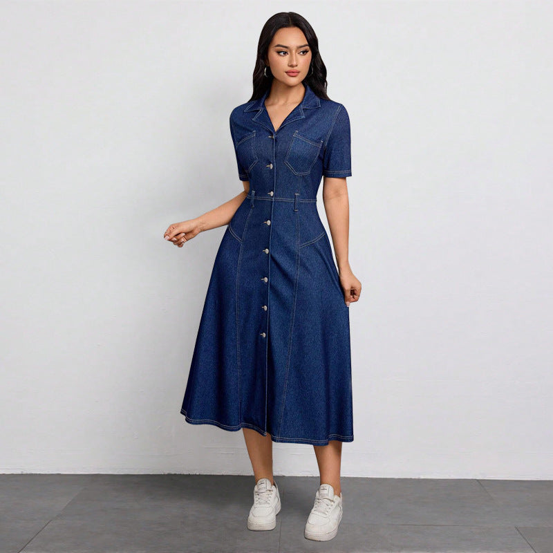 Women's Cinched-Waist Denim Maxi Dress