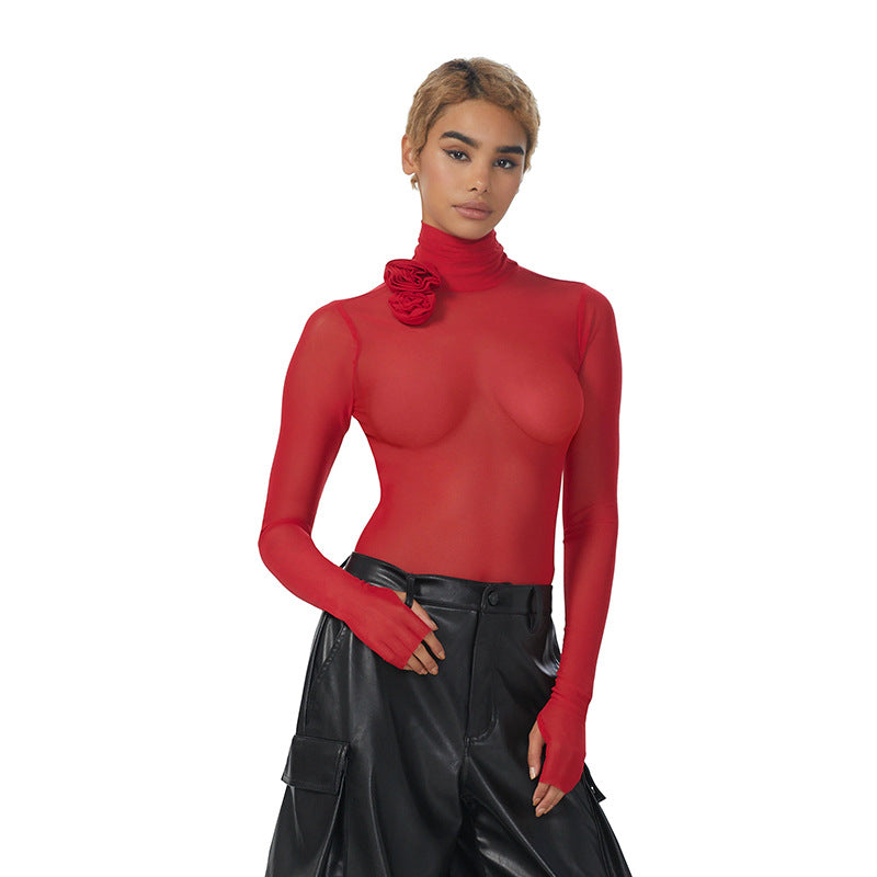 Women's Sheer Mesh Lace Turtleneck Jumpsuit