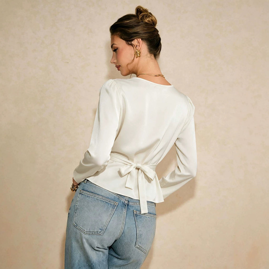 Satin Swing Collar Long-Sleeved Shirt Women Slingback Waist