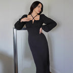 Women's Solid Square-Neck Dress with Cross-Strap Detail