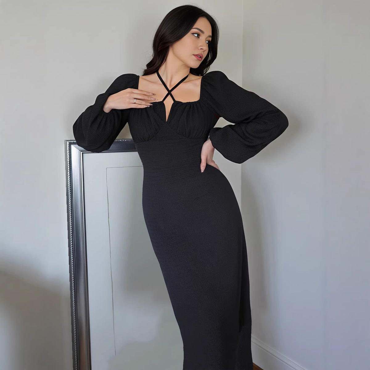 Women's Solid Square-Neck Dress with Cross-Strap Detail