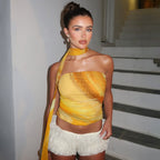 Women's Women’s Yellow Abstract Print Strapless Peplum Top