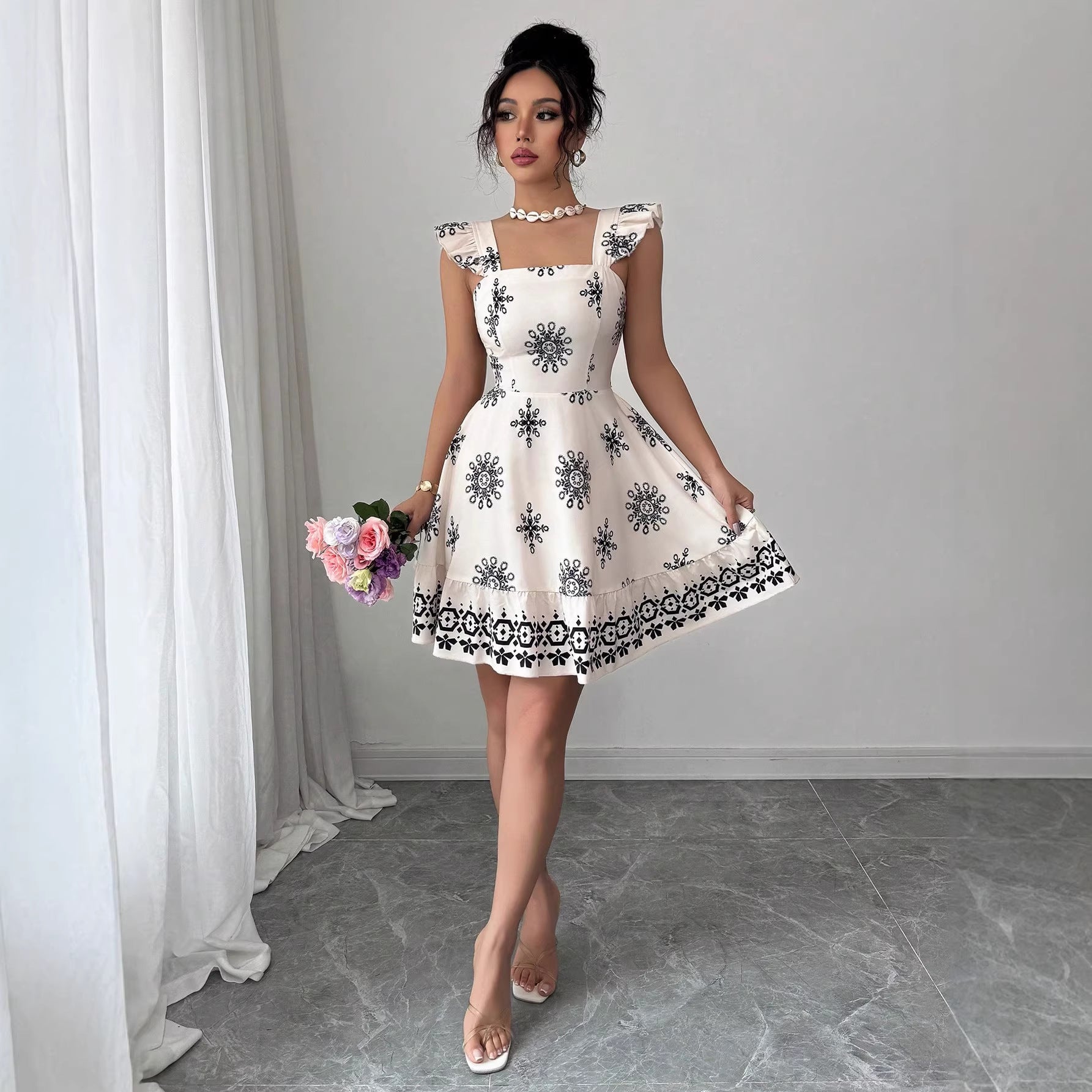 Elegant Multicolor Printing Flying Sleeves A Line Dress
