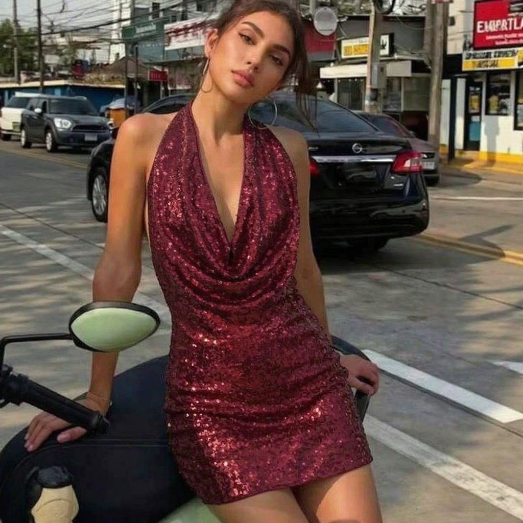 Women's Backless Halter Sequin Dress