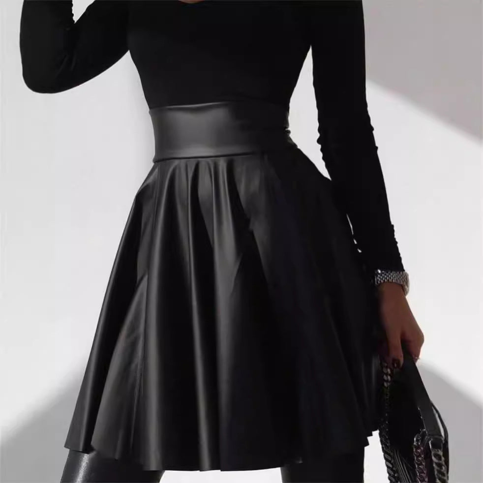 Leather Autumn Winter High Waist Big Swing Skirt