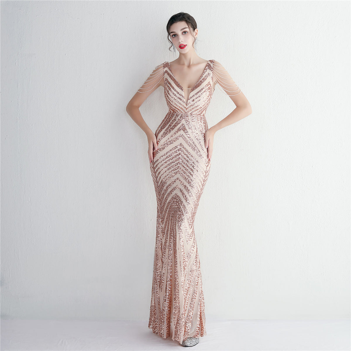 Women's Floral Beading Party Dress Long Banquet Slim Fit Evening Dress