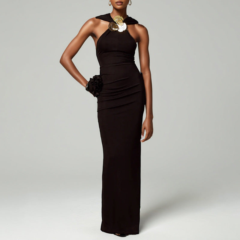 Women's Halter Cutout Asymmetric Bodycon Maxi Dress