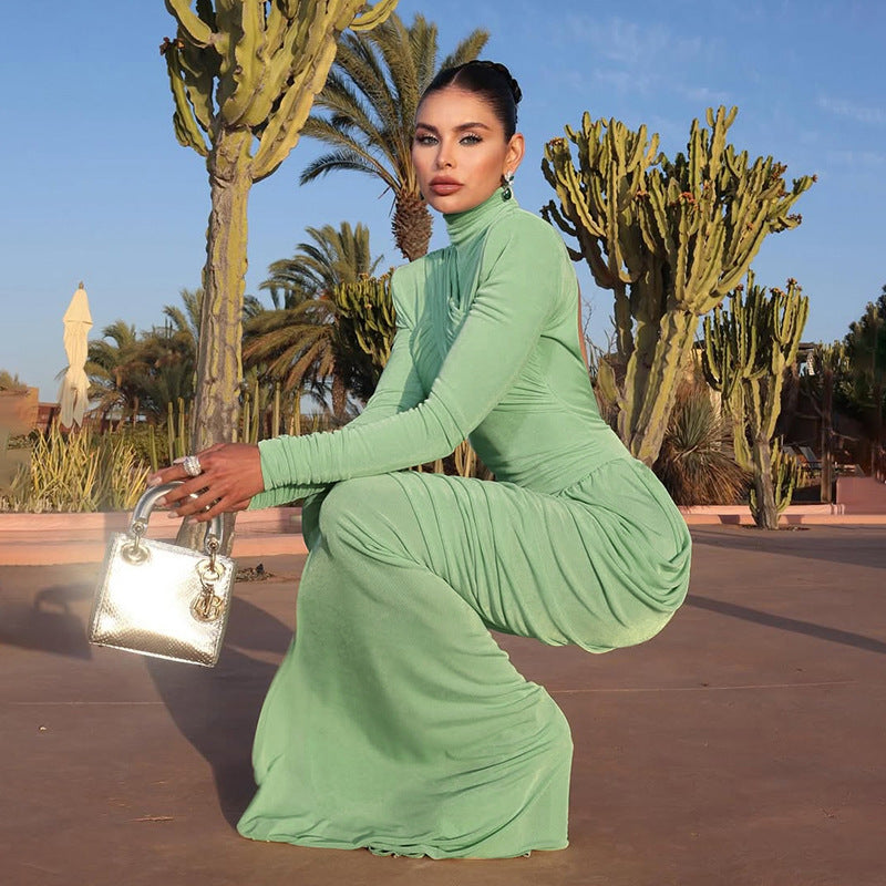 Solid Color Turtleneck Backless Stitching Pleated Dress