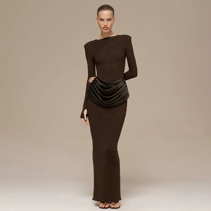 Women's Crew-Neck Pleated Long-Sleeve Maxi Dress