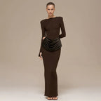 Women's Crew-Neck Pleated Long-Sleeve Maxi Dress