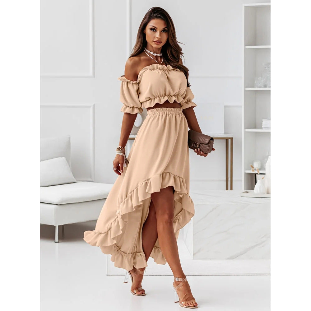 Women's Word Collar Flounced Skirt Irregular Asymmetric Short Sleeve Two Piece Two-Pie