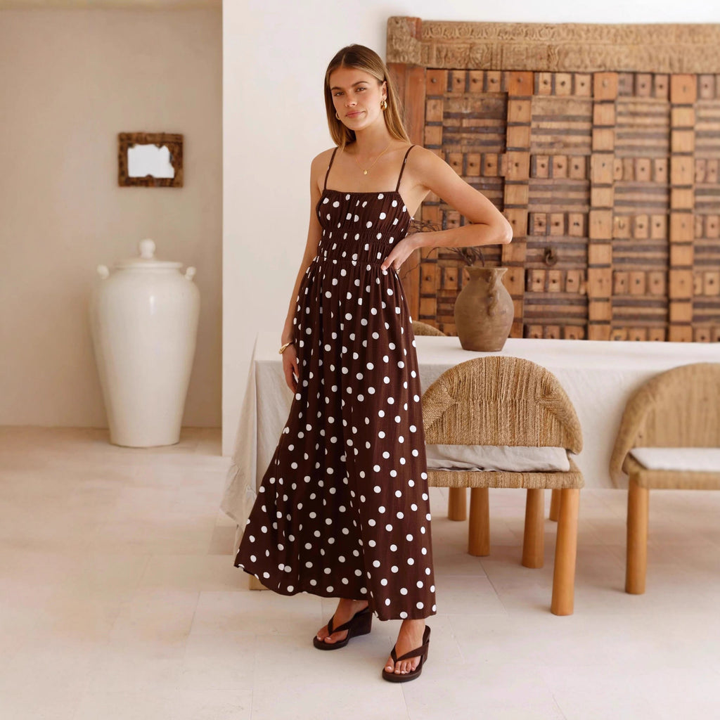 Women's Spring Summer Polka Dot Printed Waist Controlled Large Swing French Vacation Maxi Dress