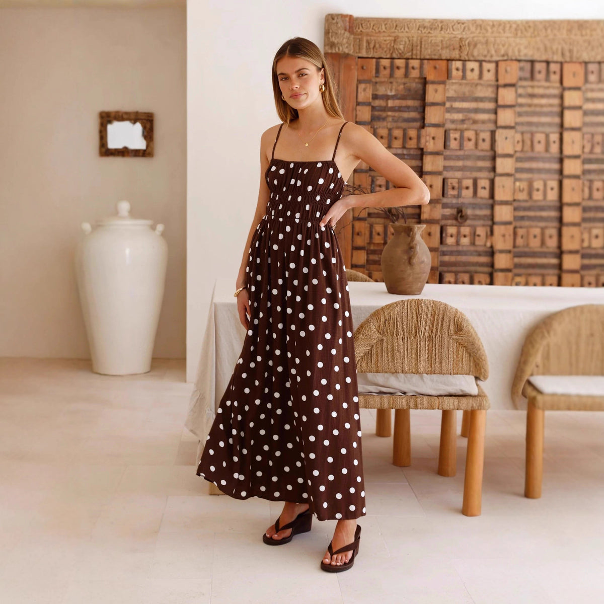 Women's Spring Summer Polka Dot Printed Waist Controlled Large Swing French Vacation Maxi Dress