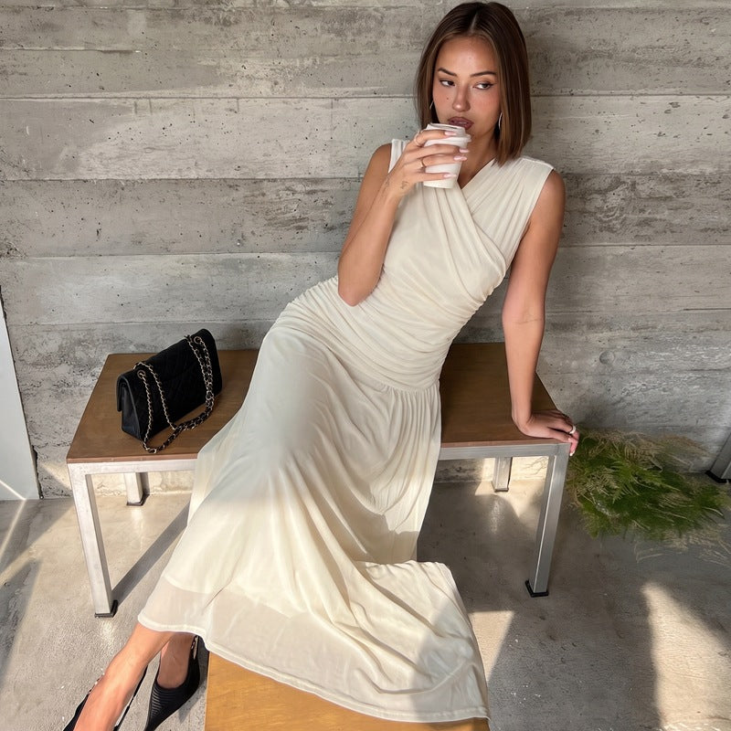 Women's French V-Neck Draped Maxi Dress