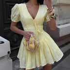Pure Cotton Yellow Dress Summer Waist Trimming Lace-Up Embroidery Short