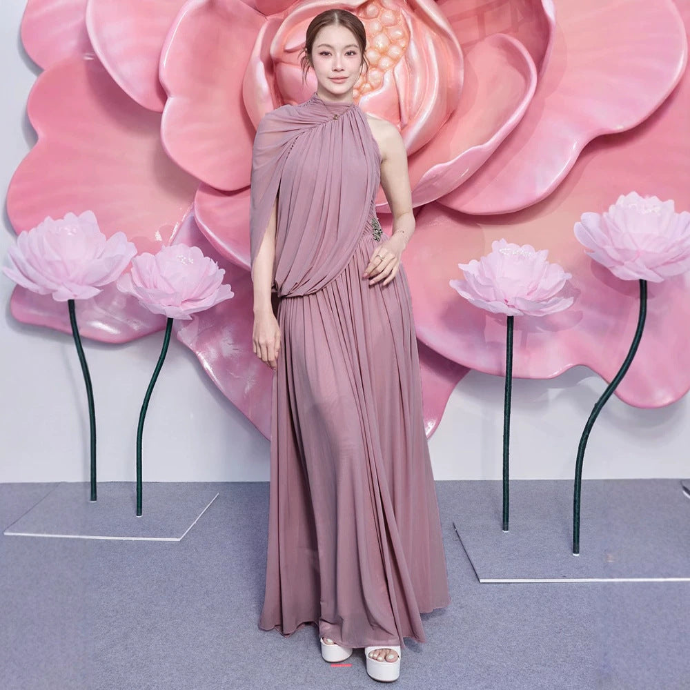 One Shoulder Pinch Pleated Ribbon Vietnam Pleated Hip Dress