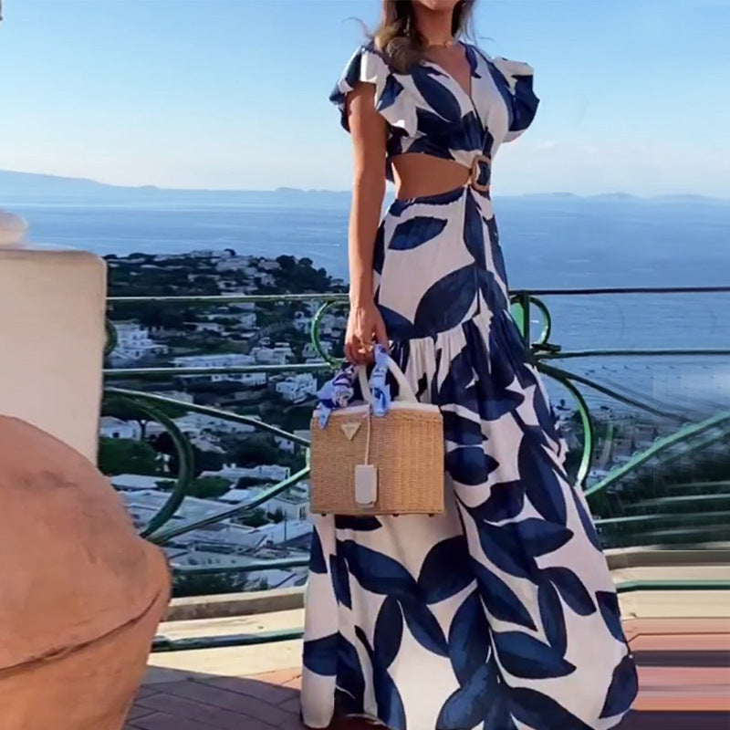 Women's Summer Women Printed V Neck Sexy Waist Lace Up Pleated Dress