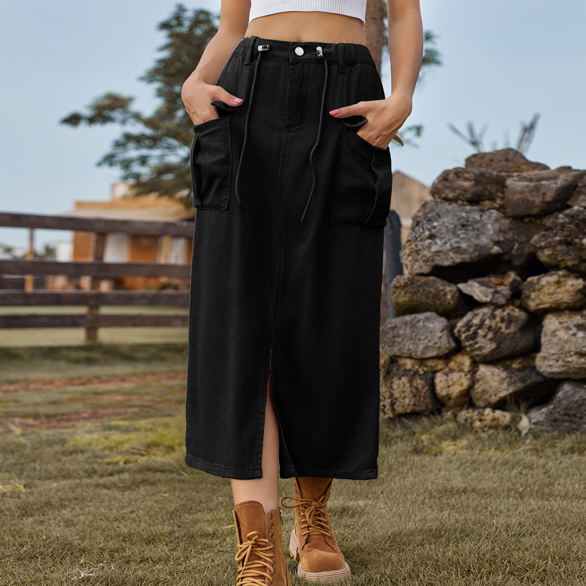 Summer Washed Lace Up Workwear Denim Split Skirt