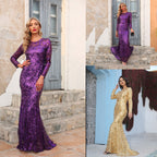 Spring Autumn Sequin Dress Purple Crew-Neck Long Evening Long Sleeve