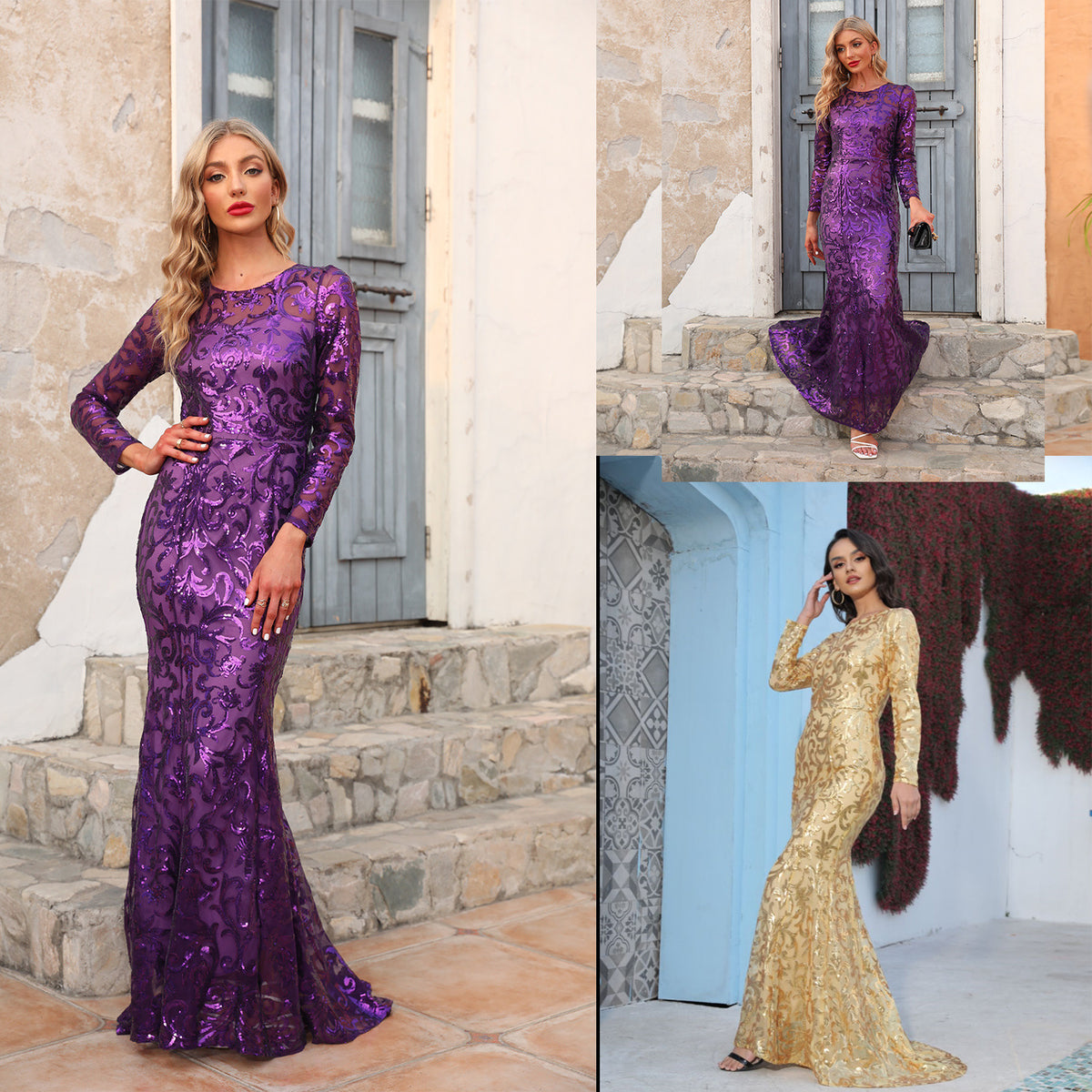 Spring Autumn Sequin Dress Purple Crew-Neck Long Evening Long Sleeve