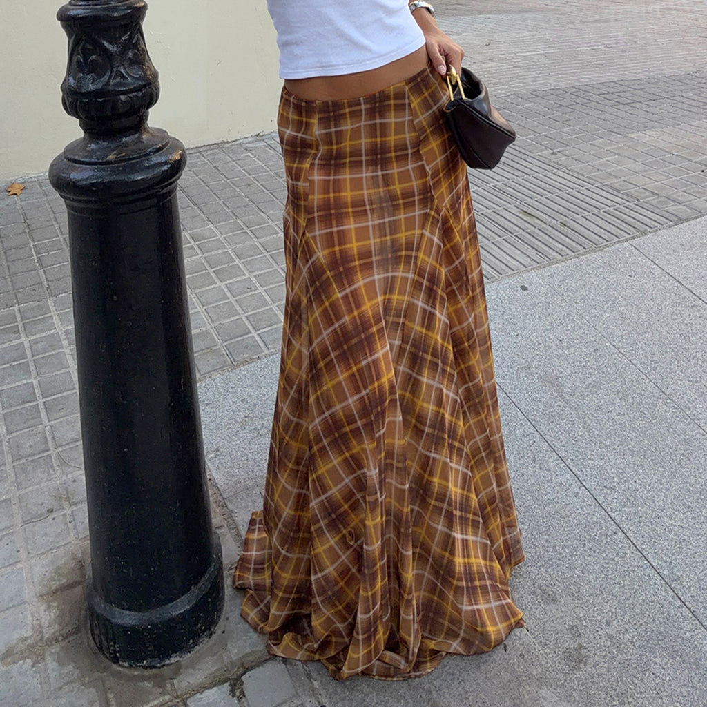 Women's Retro Low Waist Slimming Patchwork Plaid A Line Street Design Casual Skirt