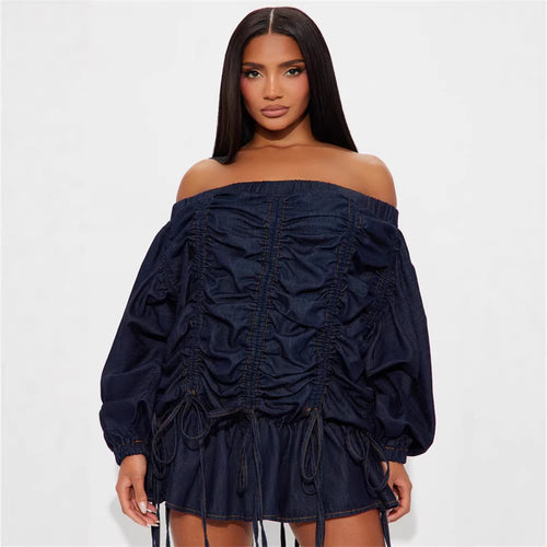 Loose off Shoulder Drawstring Long Sleeve Denim Dress