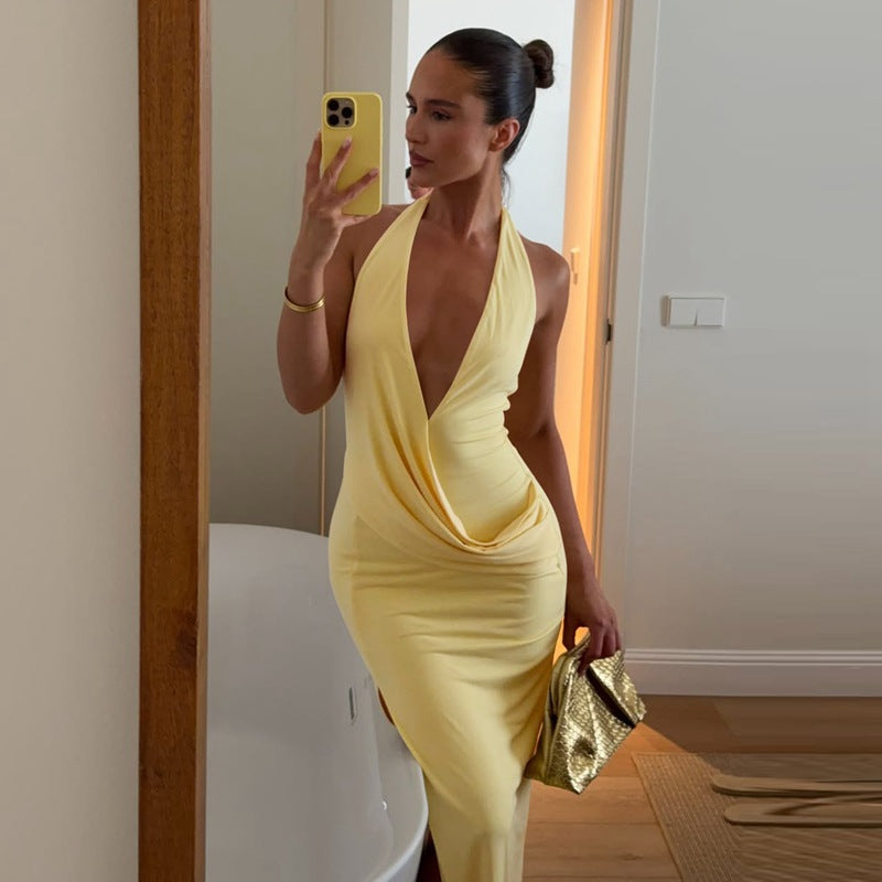 Women's Deep-V Backless Halter Slit Dress