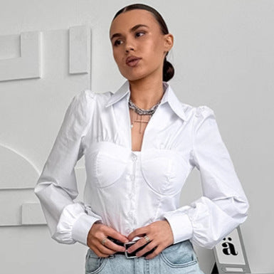 Women's Slim Fit Collared Long Sleeve Blouse