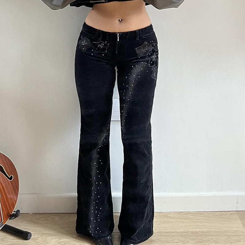 Street Rhinestone Floral Starry Sky Printed Trousers Women Casual All Match Sexy Woven Bootcut Trousers
