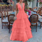 V-Neck Mesh Tiered A-Line Maxi Dress