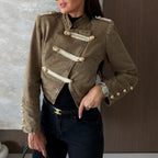 Retro Short Coat Stand Up Collar Metal Button Decorated Jacket Top