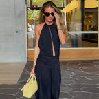 Deep V Plunge neck Bare Back Halter Strap Pleated Waist Tight Slit Dress